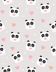 Cute Panda Bear Vector Pattern. White Pandas on a Light Gray Background. Pink Hearts Among Bears. Simple Kawaii Style Design. Lovely Infantile Nursery Art. Funny White Bears Illustration for Girls.