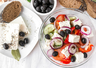 Greek salad, vegetable salad, salad, feta, olives, top view,
