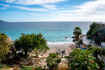 one of the seven beaches of the resort of Nerja on the eastern Costa del Sol in Andalucia in Southern Spain