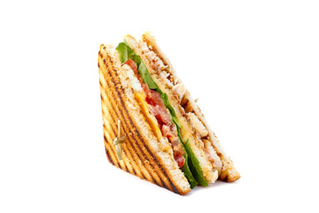 Vertical slice of club sandwich on white