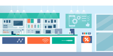 Mobile, electronics and computer repair shop interior