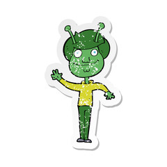 retro distressed sticker of a cartoon space alien