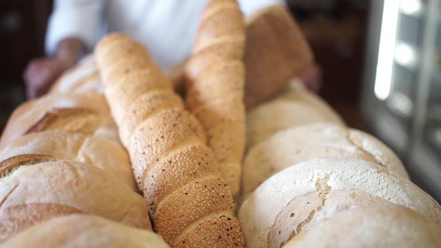 Close-up of a tray of fresh baked artisan bread being pushed out by a baker