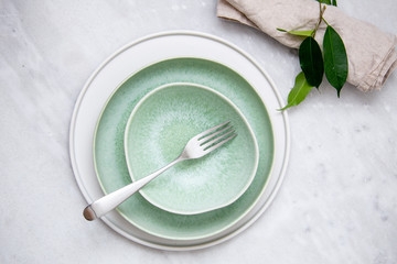 table setting on marble texture background with copy space