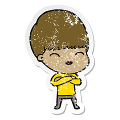 distressed sticker of a happy cartoon boy