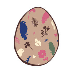 Cartoon style vector illustration of easter egg with flower, bird pattern. Great design elements for icon, sticker, card, print, poster. Unique drawing isolated on white background. Holiday concept