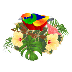 Tropical bird  on a branch bouquet with tropical flowers hibiscus palm,philodendron on a white background vintage vector illustration editable hand draw