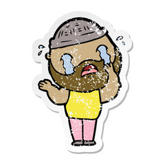 distressed sticker of a cartoon bearded man crying
