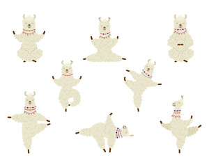 Collection cartoon funny cute llama alpaca practicing yoga position.