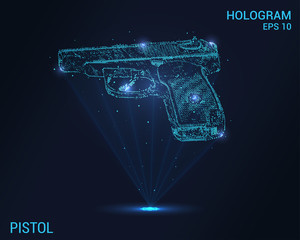 Hologram pistol. Digital and technological background of the gun. Futuristic pistol design.