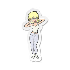 retro distressed sticker of a cartoon pretty woman