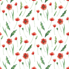 Seamless pattern with watercolor red poppy flowers, green leaves, cereal ears. Wildflowers texture.
