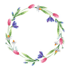 Watercolor floral wreath with meadow flowers. Isolated clipart for postcards, invitations,banners.