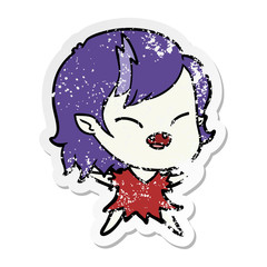 distressed sticker of a cartoon laughing vampire girl