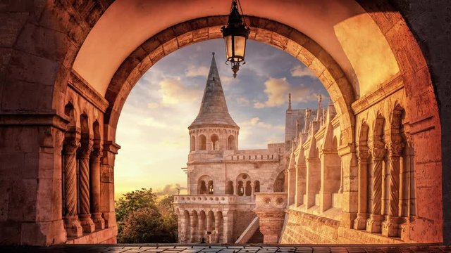 Time lapse of the sunrise viewed through the arches of the Fisherman's Bastion in Budapest, Hungary.