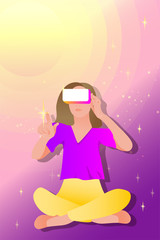 Woman in virtual reality glasses on a space abstract Background. Vector illustration in modern flat style.