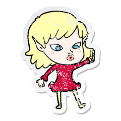 distressed sticker of a pretty cartoon elf girl