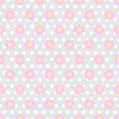 Daisies arranged on polka dots. Abstract pastel flowers on backdrop. Vector illustration of seamless repeating pattern. Cute design conception.