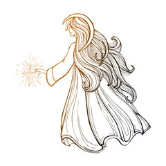 The Angel of the Night with the moon in her hair touches his hand to the star. illustration sketch doodle hand drawn with lines isolated on white background