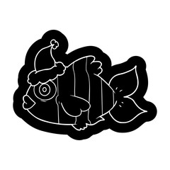 cartoon icon of a exotic fish wearing santa hat