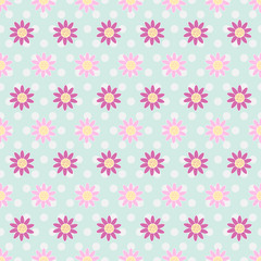 Daisies arranged on polka dots. Abstract pastel flowers on backdrop. Vector illustration of seamless repeating pattern. Cute design conception.