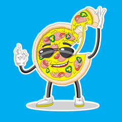 Pizza character with glasses holding a piece of pizza. Vector image