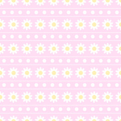 Daisies arranged in a line alternating with dots and lines. Geometric layout with flowers and polka dots on nice pastel pink background. Vector illustration of seamless repeating pattern. Cute design.