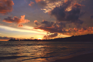 Fototapeta na wymiar Beautiful colorful sunset over the Indian Ocean. Unawatuna beach, Sri Lanka
