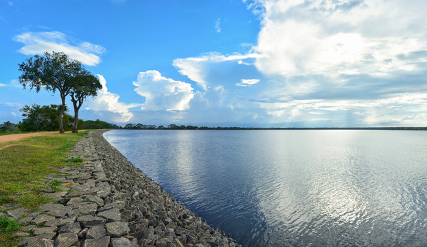 Beautiful panoramic view of the Tissa Wewa - big artificial lake in Anuradhapura, Sri Lanka