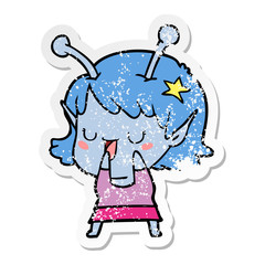 distressed sticker of a happy alien girl cartoon