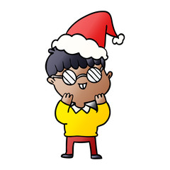 gradient cartoon of a boy wearing spectacles wearing santa hat