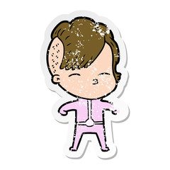 distressed sticker of a cartoon girl wearing futuristic clothes