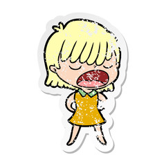 distressed sticker of a cartoon woman talking loudly