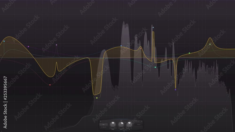 Poster audio analyzer and equalizer, with moving waveform and active bands.