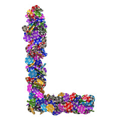 Alphabet letter L from casino tokens. 3D rendering