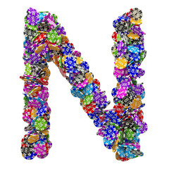 Alphabet letter N from casino tokens. 3D rendering