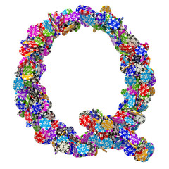 Alphabet letter Q from casino tokens. 3D rendering