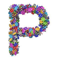 Alphabet letter P from casino tokens. 3D rendering