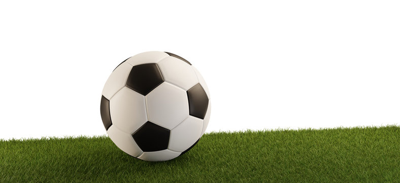 Soccer ball on grass panorama isolated white background 3d-illustration