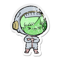 distressed sticker of a cartoon astronaut woman