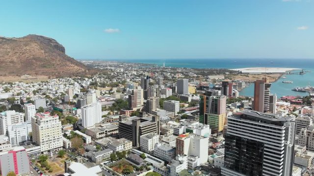 Drone shot of Port Louis buildings in Mauritius