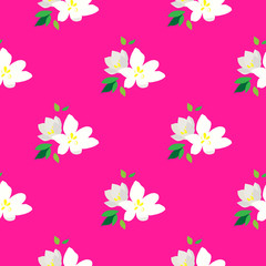 Fototapeta na wymiar Seamless pattern with blossoming branches of cherry. White flowers and buds on a pink background. Spring floral background. 