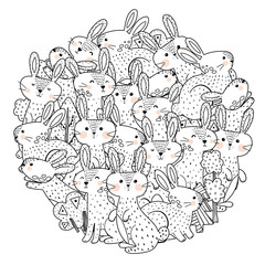 Funny rabbits circle shape pattern for coloring book. Vector illustration