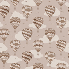 Travel vector seamless pattern in vintage style in brown colors with hot air balloons in sky. Monochrome balloons print is for travel themed fabric, wallpaper, home decor, backpacks, scrapbooking. 