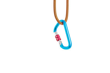 Colorful carabiner with rope isolated on white as outdoor recreation and teamwork trust concept