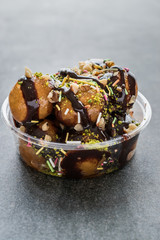 Turkish Dessert Lokma with Chocolate Sauce / Round Fried Dough Balls Petulla.