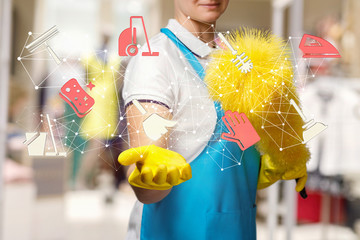 A worker is holding a cleaning service structure.