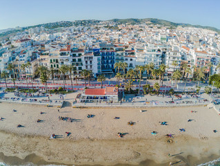 Fototapeta na wymiar Beach of Sitges, Barcelona. Spain. Aerial view by Drone