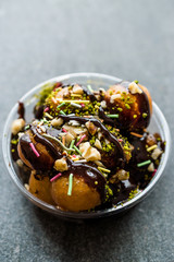 Turkish Dessert Lokma with Chocolate Sauce / Round Fried Dough Balls Petulla.