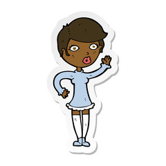 sticker of a cartoon pretty woman waving